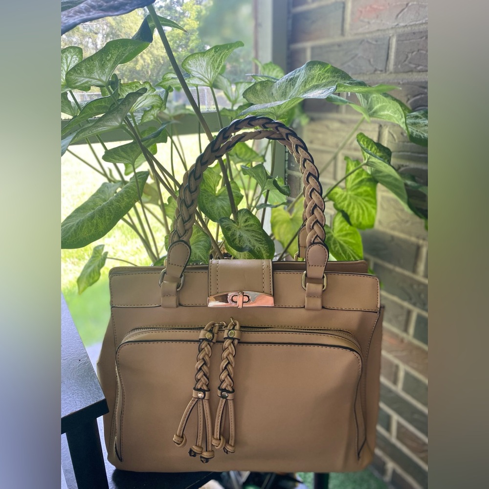 Taupe Braided-Handle Tote Bag